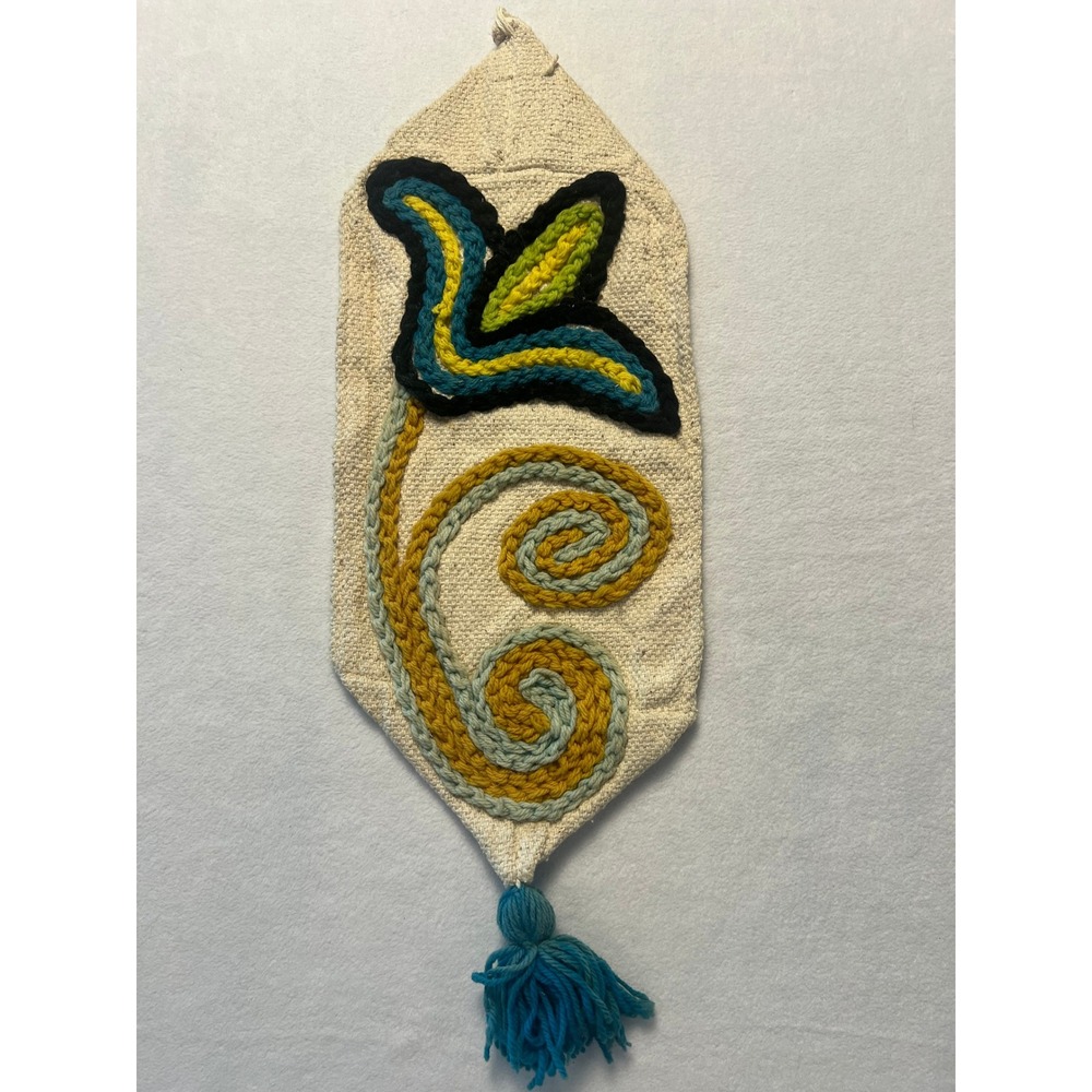 Vintage Handmade Crewel Wall Hanging Boho Fiber Art Cream Yellow Blue Tassel